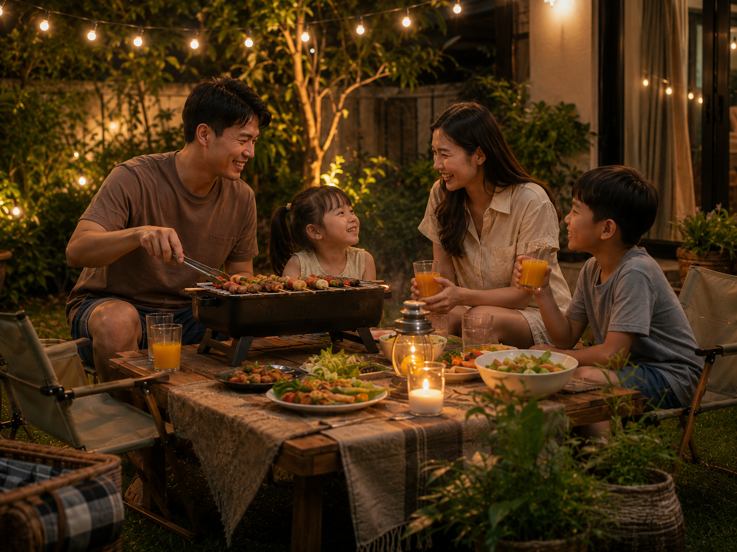 ครอบครัวไทยนั่งล้อมวงกินอาหารและพูดคุยกันในสวนหลังบ้านยามเย็น